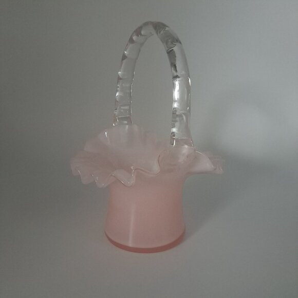 Fenton Overlay Pink Handled Glass Basket With Ruffled Edge - Picture 5 of 16